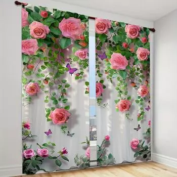 Комплект из 2 предметов, розовые розы и бабочки, шторы с карманами на штанге, для легкого подвешивания в спальне, гостиной, жалюзи, окна 100W130H(CM)40x51in&rod pocket