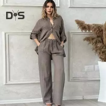 Комплект из 2 предметов: рубашка, брюки, осенне-весенний женский комплект, блузка с длинными рукавами, воротник-стойка, застежка на пуговицы, брюки с эластичной резинкой на талии, спортивный брючный костюм для поездок на работу M синий