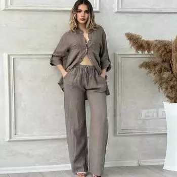 Комплект из 2 предметов: рубашка, брюки, осенне-весенний женский комплект, блузка с длинными рукавами, воротник-стойка, застежка на пуговицы, брюки с эластичной резинкой на талии, спортивный брючный костюм для поездок на работу M кофейный