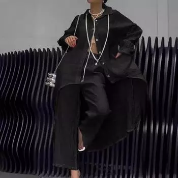 Комплект из 2 предметов: рубашка и брюки, осень-весна, длинные рукава, отвороты, кружевные манжеты, застежка на пуговицы, неровный подол, блузка с эластичной резинкой на талии, брюки для поездок на работу и занятий спортом M белый