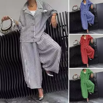 Комплект из 2 предметов: рубашка и брюки, полосатый принт, однобортная блузка с отложным воротником и большими пуговицами, эластичная XXXL зелёный