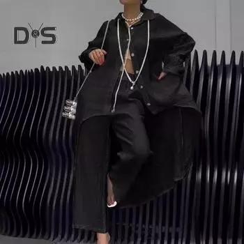 Комплект из 2 предметов: рубашка и брюки, осень-весна, длинные рукава, отвороты, кружевные манжеты, застежка на пуговицы, неровный подол, блузка с эластичной резинкой на талии, брюки для поездок на работу и занятий спортом M белый