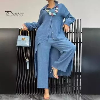 Комплект из 2 предметов: рубашка и брюки, осень-весна, длинные рукава, отвороты, кружевные манжеты, застежка на пуговицы, неровный подол, блузка с эластичной резинкой на талии, брюки для поездок на работу и занятий спортом M белый