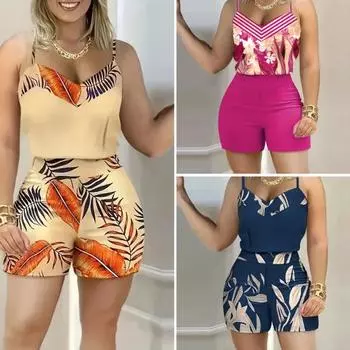 Комплект из 2 предметов с принтом, майки без рукавов, шорты, шорты с эластичной резинкой на талии, дышащий женский наряд для поездок на работу, на каждый день, для вечеринок, офиса, клуба, отпуска XL абрикосовый