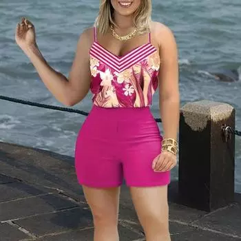 Комплект из 2 предметов с принтом, майки без рукавов, шорты, шорты с эластичной резинкой на талии, дышащий женский наряд для поездок на работу, на каждый день, для вечеринок, офиса, клуба, отпуска XL темно-синий