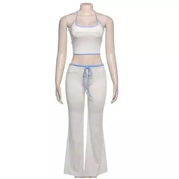 Комплект из 2 предметов с принтом в виде букв, женский укороченный топ с бретелью через шею + эластичные брюки-клеш на шнурке, повседневные простые костюмы для отпуска S белый