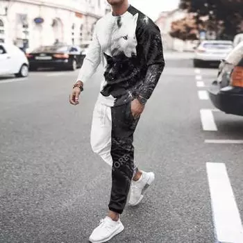 Комплект из 2 предметов с животным узором, осенние мужские футболки с длинными рукавами, брючные костюмы, спортивные костюмы с 3D принтом, толстовки большого размера, брюки, наряды XXL