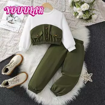 Комплект из 2 предметов: шикарный, стильный, для девочек, топ с длинными рукавами + брюки-джоггеры, универсальная, удобная повседневная одежда для весны и осени, в подарок, одежда для отдыха на открытом воздухе 9-10Y