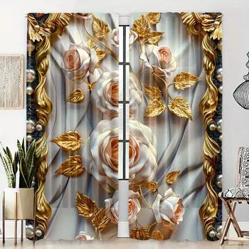 Комплект из 2 предметов, современные европейские золотые цветочные шторы с карманами на штанге, цифровые печатные шторы для гостиной, кухни, спальни (W50H130cm)-2pcs&Rod Pocket