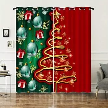 Комплект из 2 предметов, современные красные и зеленые шторы в виде рождественской елки с люверсами для верхней штанги, карманы для машинной стирки, для спальни, кухни, гостиной, декора (W50cmxH130cm)x2&Rod Pocket