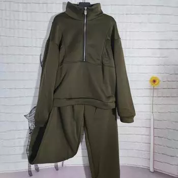 Комплект из 2 предметов: свитер, брюки, воротник-стойка, длинный рукав, свободная молния, плотные теплые однотонные брюки с эластичной резинкой на талии M белый