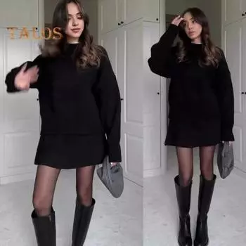 Комплект из 2 предметов: свитер, юбка, свитер, О-образный вырез, длинный рукав, трикотажные топы, мини-юбка А-силуэта средней посадки, однотонный повседневный наряд S зелёный