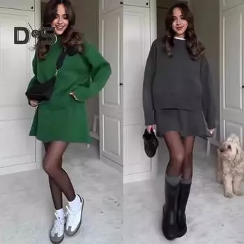 Комплект из 2 предметов: свитер, юбка, свитер, О-образный вырез, длинный рукав, трикотажные топы, мини-юбка А-силуэта средней посадки, однотонный повседневный наряд S темно-серого