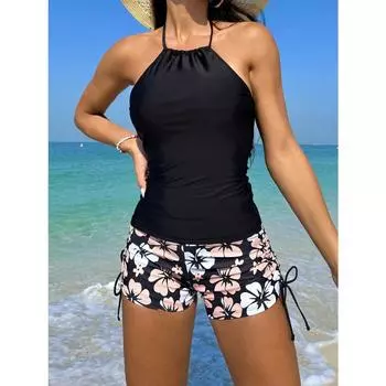 Комплект из 2 предметов танкини с цветочным узором - халтер-ворот, завязка на шнурке, боковые боксеры, удобный, быстросохнущий, женский купальник S чёрный