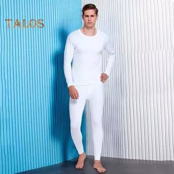Комплект из 2 предметов: теплый мужской пижамный комплект с длинными рукавами и круглым вырезом, эластичный пояс, длинные брюки, однотонный тонкий пижамный комплект M белый