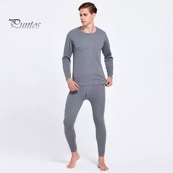 Комплект из 2 предметов: теплый мужской пижамный комплект с длинными рукавами и круглым вырезом, эластичный пояс, длинные брюки, однотонный тонкий пижамный комплект M светло-серый