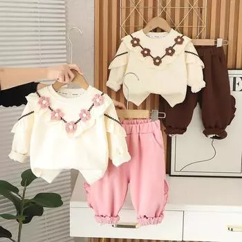 Комплект из 2 предметов: толстовка с цветочным принтом для девочек, весенне-осенняя детская одежда, вышитый кружевной свитер с круглым вырезом + штаны, детская одежда для малышей 80 розовый