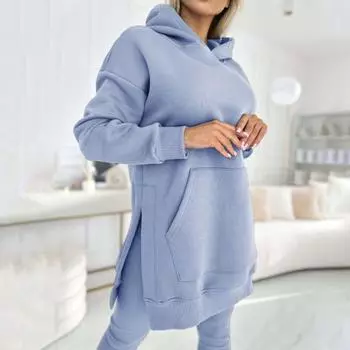 Комплект из 2 предметов: топ и брюки, длинный рукав, капюшон, разрез, толстовка с капюшоном, эластичная талия, облегающие брюки, спортивный костюм для фитнеса, повседневная домашняя одежда для школы M кофейный