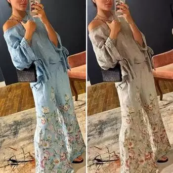 Комплект из 2 предметов: топ и брюки, одно плечо, косой вырез, рукав три четверти, шнуровка на манжетах, блузка с цветочным принтом, эластичные широкие брюки с высокой талией M светло-серый