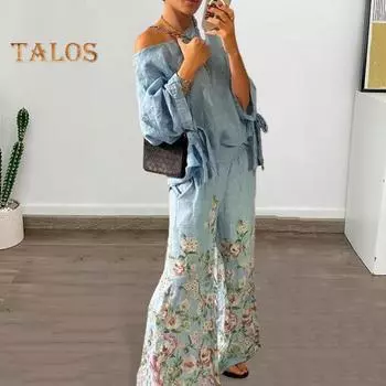 Комплект из 2 предметов: топ и брюки, одно плечо, косой вырез, рукав три четверти, шнуровка на манжетах, блузка с цветочным принтом, эластичные широкие брюки с высокой талией M светло-серый