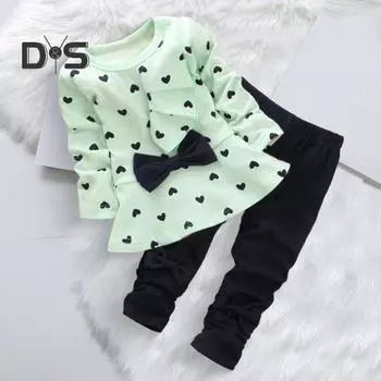 Комплект из 2 предметов: топ и брюки, большой бант, украшение в виде сердца, круглый вырез, длинный рукав, оборка, эластичный пояс, длинные брюки, детская одежда весна-осень 90 розовый