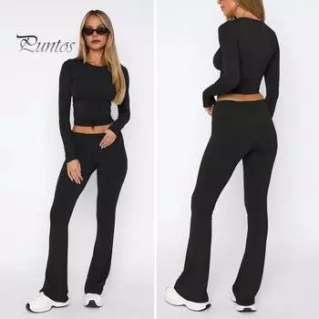 Комплект из 2 предметов: топ и брюки, круглый вырез, однотонный, с длинными рукавами, облегающая футболка, заниженная талия, расклешенные брюки, повседневный спортивный наряд S белый