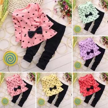 Комплект из 2 предметов: топ и брюки, большой бант, украшение в виде сердца, круглый вырез, длинный рукав, оборка, эластичный пояс, длинные брюки, детская одежда весна-осень 110 розовый