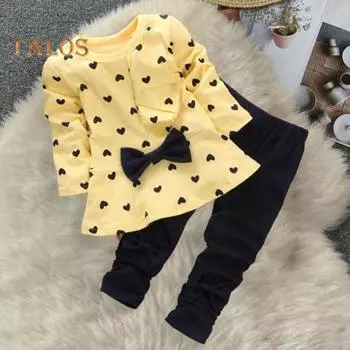 Комплект из 2 предметов: топ и брюки, большой бант, украшение в виде сердца, круглый вырез, длинный рукав, оборка, эластичный пояс, длинные брюки, детская одежда весна-осень 100 розовый