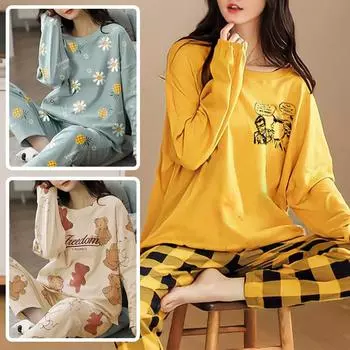 Комплект из 2 предметов: топ с длинным рукавом и брюки, большой размер, свободная, удобная, женская, простая, с рисунком, домашняя одежда L