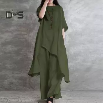 Комплект из 2 предметов: топы, брюки, хлопковый лен, О-образный вырез, рукав до локтя, неровный подол, топы, длинные брюки с высокой талией, однотонный повседневный наряд M армия зеленый