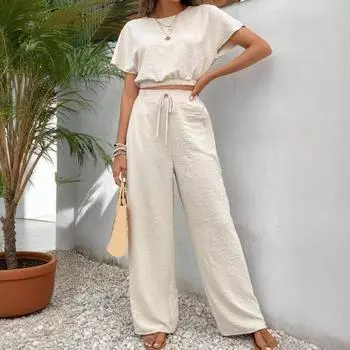 Комплект из 2 предметов: топы и брюки, О-образный вырез, короткий рукав, эластичный подол, повседневный свободный крой, однотонный, с высокой талией, длинные брюки XXL абрикосовый