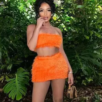Комплект из 2 предметов: юбка и боди с открытыми плечами, топ оранжевый, сексуальные клубные наряды, облегающие платья для женщин, юбки, костюмы S оранжевый