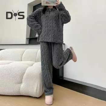 Комплект из 2 предметов унисекс, зимняя пижама, воротник-стойка, однотонная застежка-молния, утолщенный коралловый флис, домашняя одежда, пальто, брюки, комплект, свободная домашняя одежда, ночная одежда белый
