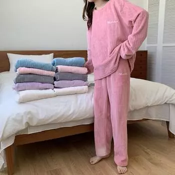 Комплект из 2 предметов унисекс, зимняя пижама, круглый вырез, однотонный утолщенный коралловый флис, домашняя одежда, топ и штаны, свободная домашняя одежда, женская ночная одежда белый
