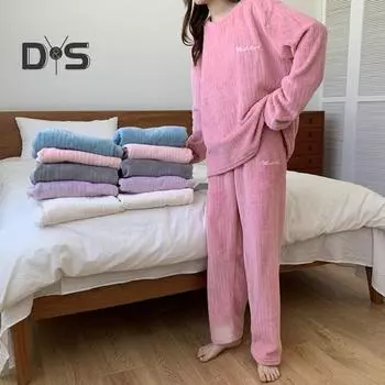 Комплект из 2 предметов унисекс, зимняя пижама, круглый вырез, однотонный утолщенный коралловый флис, домашняя одежда, топ и штаны, свободная домашняя одежда, женская ночная одежда темно-розовый