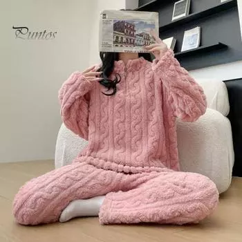 Комплект из 2 предметов унисекс, зимняя пижама, воротник-стойка, однотонная застежка-молния, утолщенный коралловый флис, домашняя одежда, пальто, брюки, комплект, свободная домашняя одежда, ночная одежда небесно-голубой