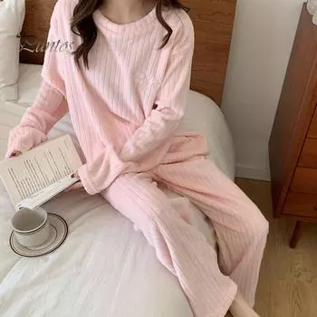 Комплект из 2 предметов унисекс, зимняя пижама, круглый вырез, однотонный утолщенный коралловый флис, домашняя одежда, топ и штаны, свободная домашняя одежда, женская ночная одежда светло-розовый