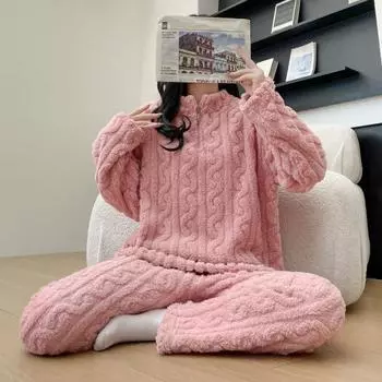 Комплект из 2 предметов унисекс, зимняя пижама, воротник-стойка, однотонная застежка-молния, утолщенный коралловый флис, домашняя одежда, пальто, брюки, комплект, свободная домашняя одежда белый