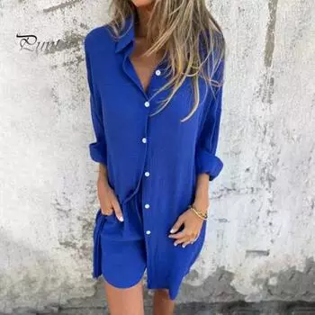 Комплект из 2 предметов: весенняя рубашка, шорты, летняя одежда для сна, блузка средней длины с пуговицами и лацканами, свободный повседневный наряд с эластичным поясом XL хаки