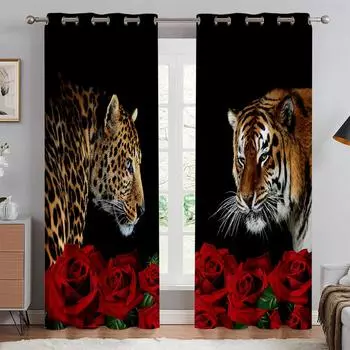 Комплект из 2 предметов, винтажные шторы с цветочным принтом и животными, 3D-печатные декоративные шторы с карманами для гостиной и спальни, домашний декор W50xH140(CM)x2PCS&Rod pocket