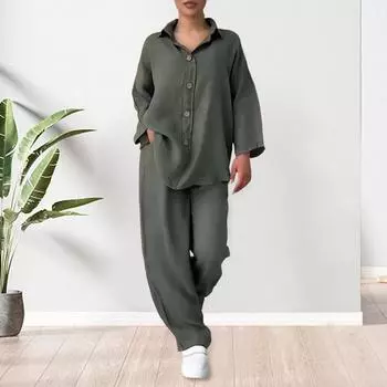 Комплект из 2 предметов: женская блузка и брюки, большой размер, топ с длинными рукавами, широкие свободные тонкие брюки с эластичной резинкой на талии, повседневная домашняя одежда M синий