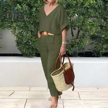 Комплект из 2 предметов: женская футболка, брюки, однотонный, V-образный вырез, эластичная резинка на талии, рукав до локтя, мягкий, повседневный, с высокой талией, карманы, женский осенне-летний наряд XL серый