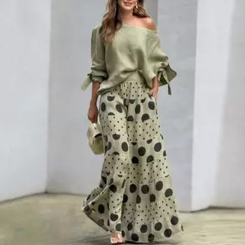 Комплект из 2 предметов: женская футболка и брюки, косой вырез, одно плечо, длинный рукав, бант, манжета, топ, свободные, высокая талия, широкие брюки с принтом, длинные брюки S абрикосовый