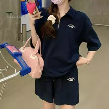 Комплект из 2 предметов: женская летняя толстовка и брюки, короткий рукав, застежка-молния, отложной воротник, эластичный пояс, свободные спортивные штаны, спортивный костюм, панкомбинезон S серый