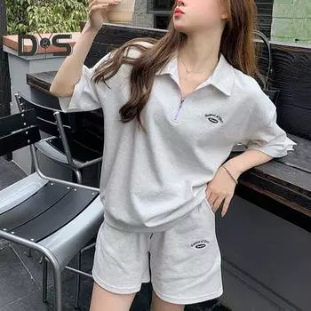 Комплект из 2 предметов: женская летняя толстовка и брюки, короткий рукав, застежка-молния, отложной воротник, эластичный пояс, свободные спортивные штаны, спортивный костюм, панкомбинезон S серый