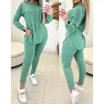 Комплект из 2 предметов, женская одежда, весна 2024, модная толстовка с капюшоном и длинными рукавами с разрезом по низу и повседневные брюки с высокой талией S зелёный