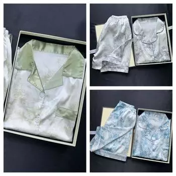 Комплект из 2 предметов, женская пижама, классическая пижама с коротким рукавом, домашняя одежда, женский костюм для сна, шелковая атласная домашняя одежда, подарок на день рождения, ночная одежда M синий