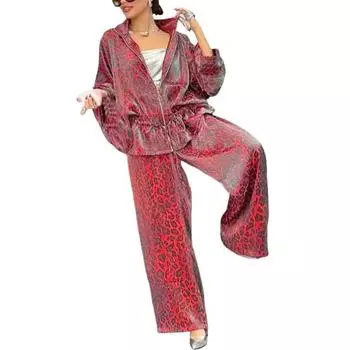 Комплект из 2 предметов: женская рубашка и брюки, леопардовый принт, застежка-молния, длинный рукав, плиссированный топ, свободные широкие брюки, рабочая одежда для поездок на работу M вино красного