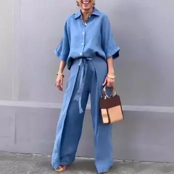 Комплект из 2 предметов: женская рубашка и брюки, однотонный топ с отложным воротником и рукавом три четверти, широкие брюки со шнуровкой на талии, свободные брюки, одежда для поездок на работу, блузка XXXL белый
