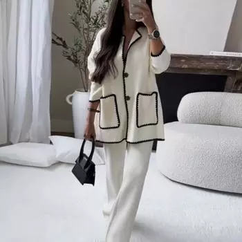 Комплект из 2 предметов: женская рубашка и брюки, осенний комплект с отложным воротником, однобортный топ с длинными рукавами, лоскутный топ, широкие свободные брюки, домашняя одежда, повседневный наряд S чёрный